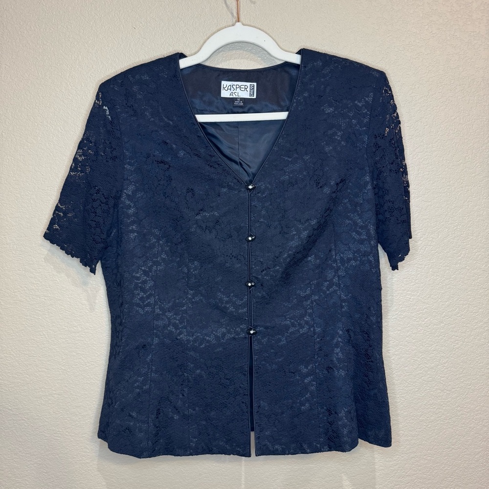 Vintage Kasper ASL Black Lace Beaded Button Blouse Top Size 14